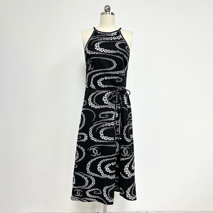 chanel wave print halter neck open back midi wrap dress